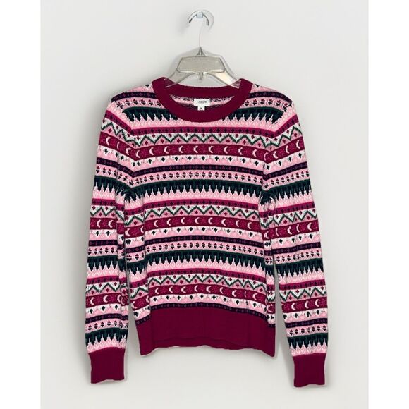 J.Crew Womens Fair Isle Sweater Holiday Crewneck Preppy Pink Green Christmas Med - Picture 1 of 16